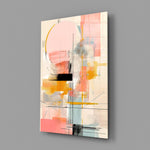 Coral-and-marigold studio collage glass wall art in creative office reading nook