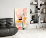 Feminine-luxe abstract cinematic glass wall art in fashion-atelier reception