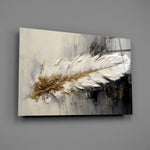 Painterly feather still-life cinematic glass wall art over walnut dining sideboard