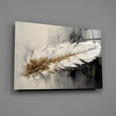 Painterly feather still-life cinematic glass wall art over walnut dining sideboard