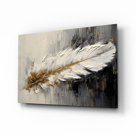Single white feather impasto glass wall art above velvet headboard in glamorous bedroom