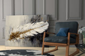 Ivory-and-gold feather cinematic glass wall art over modern bar cabinet