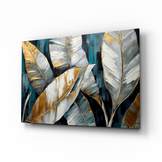 Gold leaf banana foliage impasto glass wall art above ivory boucle sofa in glamorous lounge