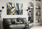 Ivory-gold leaf cinematic glass wall art in luxury hallway