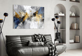 Painterly navy-gold cinematic glass wall art over master-bedroom headboard