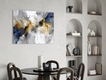 Gold-leaf scatter cinematic glass wall art in luxury powder-room