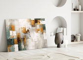 Painterly patchwork cinematic glass wall art over master-bedroom headboard