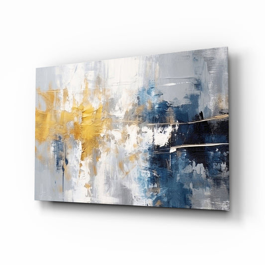Navy pewter gold burst painterly glass wall art above ivory boucle sofa