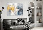 Painterly navy-and-gold cinematic glass wall art over master-bedroom headboard