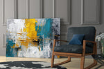 Painterly impasto cinematic glass wall art over modern dining sideboard