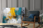Painterly impasto cinematic glass wall art over modern dining sideboard