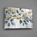 Antique-gold and slate-blue cinematic glass wall art over walnut dining sideboard