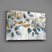Antique-gold and slate-blue cinematic glass wall art over walnut dining sideboard