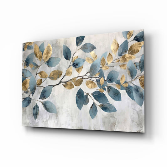 Slate gold leaf branch painterly glass wall art above velvet headboard