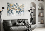 Slate-and-gold leaf bough cinematic glass wall art in heritage hallway