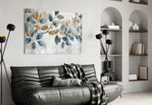 Slate-and-gold leaf bough cinematic glass wall art in heritage hallway