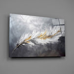 Painterly single-feather cinematic glass wall art over walnut dining sideboard