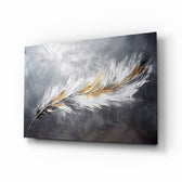 Pearl gold feather impasto glass wall art above velvet headboard in glamorous bedroom