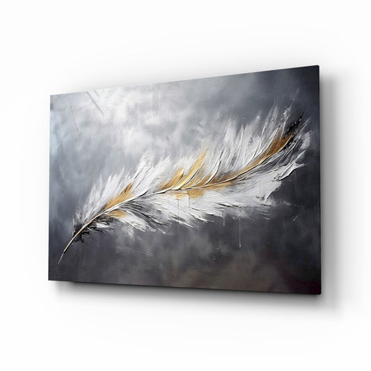 Pearl gold feather impasto glass wall art above velvet headboard in glamorous bedroom