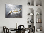 Sculptural impasto feather cinematic glass wall art in luxury powder-room