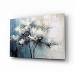Winter bloom tree painterly cinematic glass wall art above velvet headboard