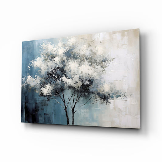 Winter bloom tree painterly cinematic glass wall art above velvet headboard