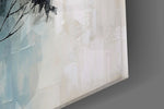 Painterly winter-tree cinematic glass wall art in boutique-hotel suite