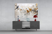 Marigold-blossom bird cinematic glass wall art in glamorous library
