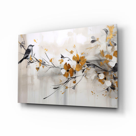 Bird on gold branch painterly glass wall art above velvet headboard
