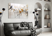 Painterly bird-and-branch cinematic glass wall art in heritage hallway