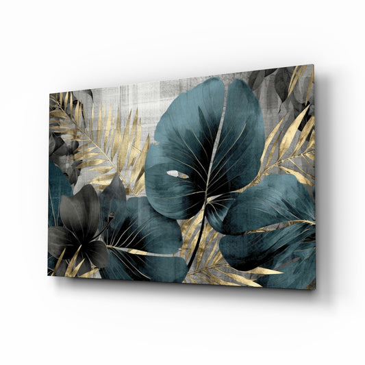 Teal gold tropical leaves cinematic glass wall art above ivory boucle sofa