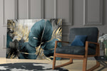 Painterly teal-gold cinematic glass wall art over modern bar cabinet