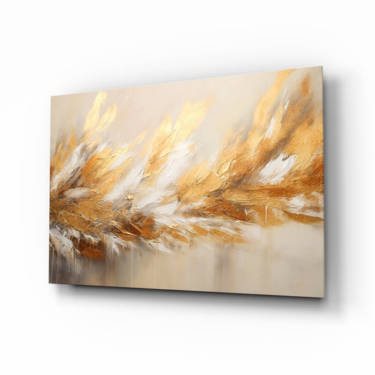 Golden plume painterly cinematic glass wall art above ivory boucle sofa