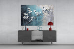Blue blossom painterly cinematic glass wall art in glamorous library