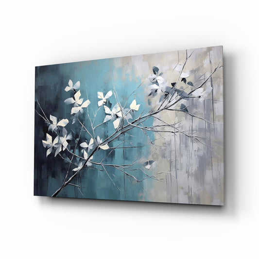 Blue white blossom branch painterly glass wall art above velvet headboard