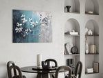 Snow-white blossom cinematic glass wall art in luxury powder-room