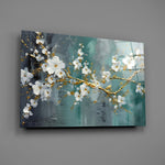 White-and-gold blossom cinematic glass wall art over walnut dining sideboard