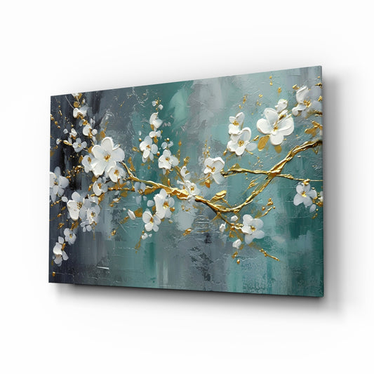 Gold branch cherry blossom painterly glass wall art above velvet headboard