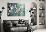 Painterly blossom-and-branch cinematic glass wall art in heritage hallway