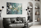 Painterly blossom-and-branch cinematic glass wall art in heritage hallway