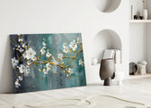 Cherry-blossom painterly glass wall art over linen sofa in designer lounge