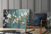 Painterly blossom branch glass wall art over modern bar cabinet