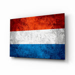 Vintage Netherlands flag grunge glass wall art above leather chesterfield in Dutch-pride study
