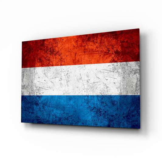 Vintage Netherlands flag grunge glass wall art above leather chesterfield in Dutch-pride study