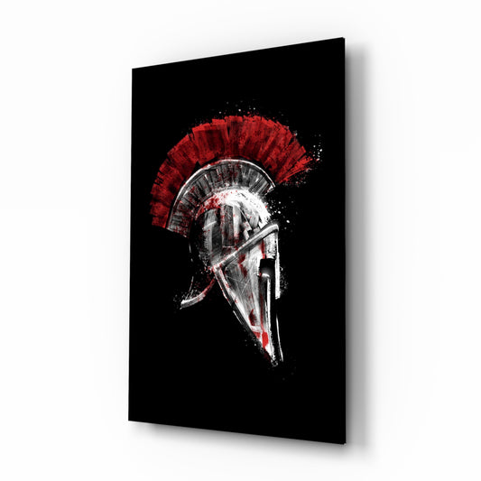 Spartan helmet red crest cinematic glass wall art above leather chesterfield in man-cave study