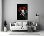 Crimson-and-onyx warrior cinematic glass wall art over master-bedroom headboard