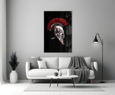 Crimson-and-onyx warrior cinematic glass wall art over master-bedroom headboard