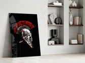 Battle-scarred Corinthian glass wall art in heritage hallway