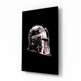 Medieval knight helmet cinematic glass wall art above leather chesterfield in heritage study