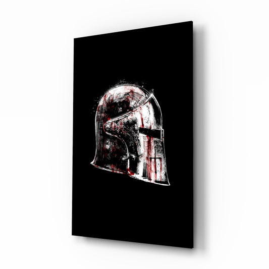 Medieval knight helmet cinematic glass wall art above leather chesterfield in heritage study